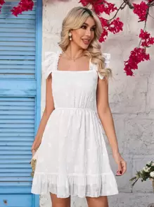 SHEIN Clasi 女式盖袖领口纹理腰部修身连衣裙 - 白色 - 查看 4