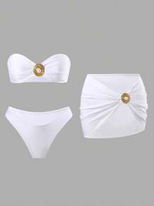 Swim Oasis Women 3pcs Beach Festival Boho Summer Vacation White Bikini Set - White - View 3