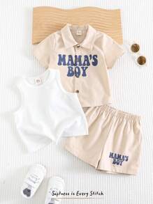 Cozy Pixies Baby Boy 3pcs Set: Letter Print Lapel Short Sleeve Shirt , Solid Color Soft Knit Short Sleeve T-Shirt, Elastic Waist Shorts
