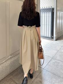 FRIFUL Women's Color Block Half-Turtleneck Waist Cinched Mid-Length Dress Sundress - Khaki - View 2