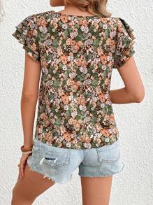 SHEIN VCAY 女式夏季碎花荷叶边领泡泡袖衬衫 - 棕色 - 查看 2