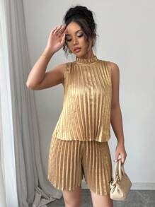 Elenzga Elegante conjunto de 2 piezas con volantes en el cuello, de tela metálica plisada, con acabado romántico y bohemio, estilo resort, para mujer