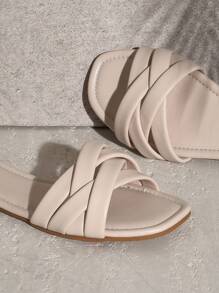 SHUZIA 時尚戶外平底拖鞋適用於女士交叉素色人造皮革露趾涼拖