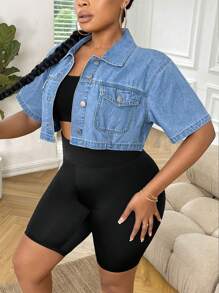 SHEIN CURVE+ Plus Size Women's Blue Denim Lapel Short Sleeve Cropped Jacket, Fall Women Clothes - Medium Wash - View 3