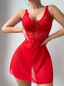 2 Stück/Set Damen einfarbige Spitze mit Schleife sexy Nachthemd Nachtwäsche rotes Kleid - Rot - Übersicht 3
