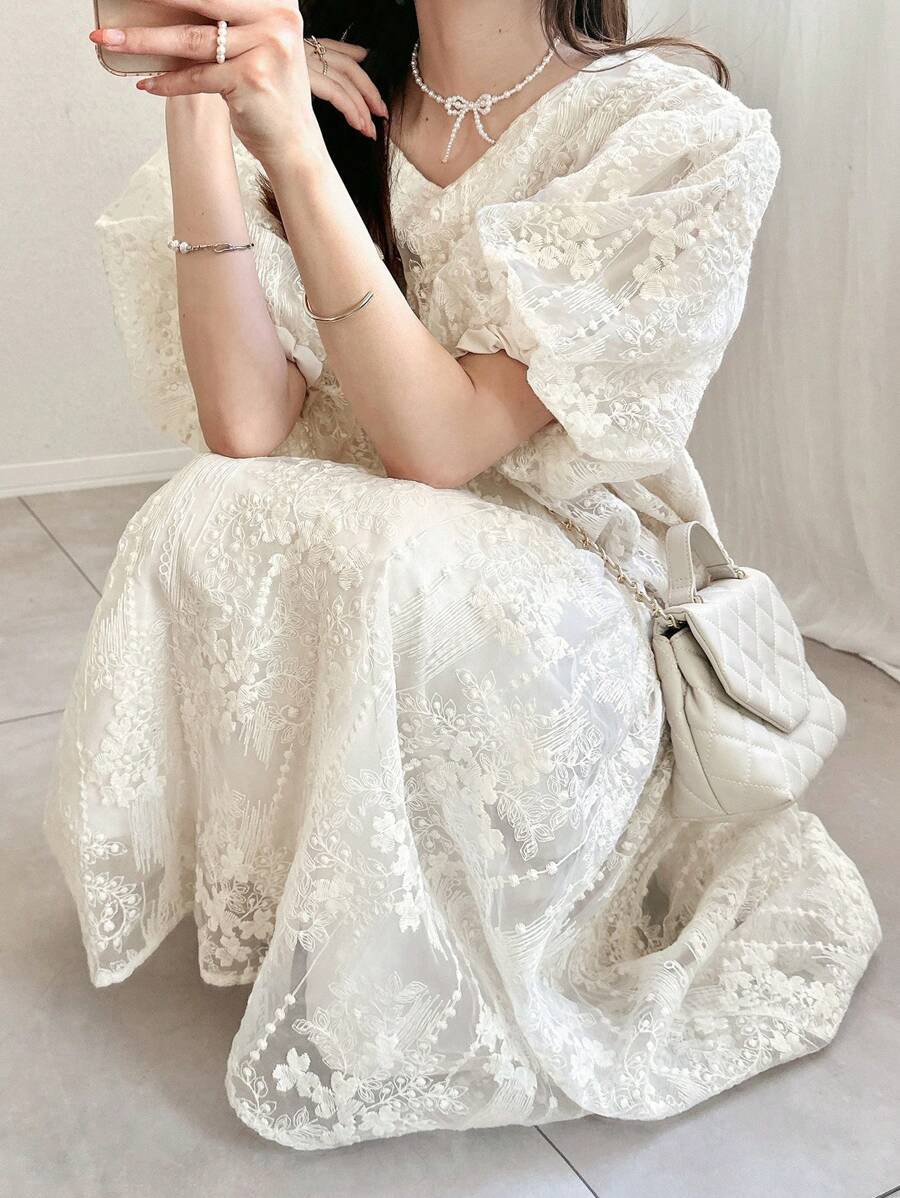 FRIFUL 女士象牙色泡泡袖长款蕾丝连衣裙，浪漫连衣裙，春夏太阳裙 - 杏色 - 查看 1