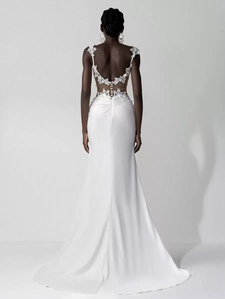 Elitara 优雅奢华刺绣蕾丝贴花弹力针织褶饰美人鱼下摆带拖尾，适合婚礼、派对、蜜月、新娘礼服、婚纱、新娘 - 米色 - 查看 1