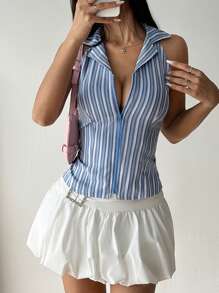 Flirla 复古条纹前拉链无袖衬衫