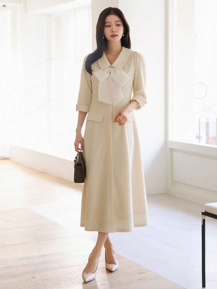 Vestido con lazo y mangas largas, cintura ceñida, vestido largo elegante tipo camisa para mujer, ropa de otoño