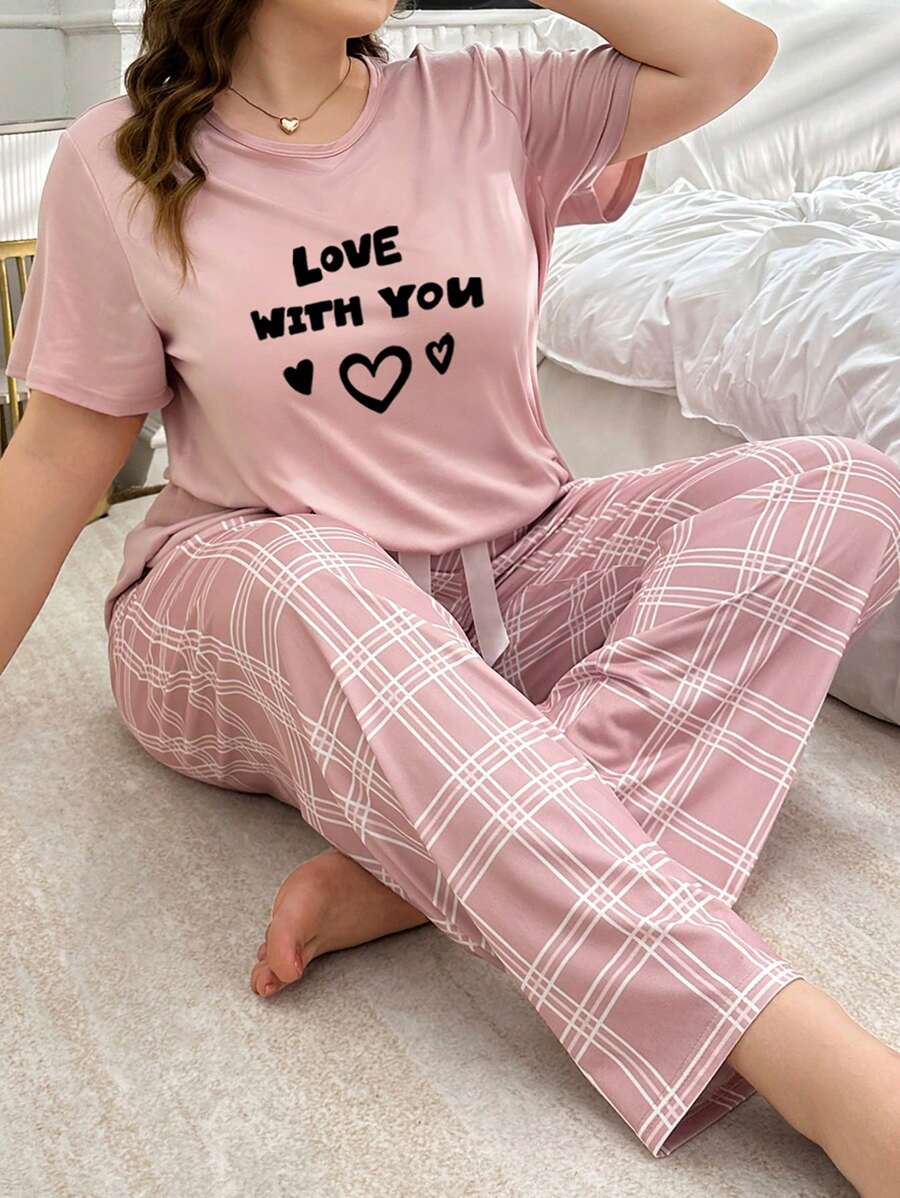 大码 2 件心形和字母印花短袖上衣和格子睡裤套装 - 粉色 - 查看 1