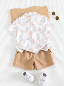 Cozy Pixies 2pcs Young Boys Plant & Floral Print Collar Top And Drawstring Waist Solid Shorts Set - Multicolor - View 2