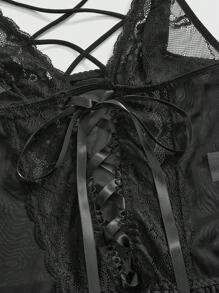 ROMWE Goth 哥特式玫瑰新娘三角杯蕾丝荷叶边丁字裤内衣套装，性感