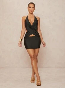 Lumalex Vestido de mujer con cuello en V profundo, drapeado, espalda descubierta y minifalda con cruce delantero - Negro - Ver 5