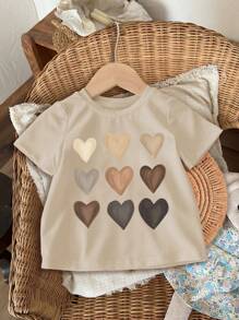 SHEIN LMoss Kids 女宝宝休闲简约短袖上衣，适合夏季 - 米色 - 查看 1