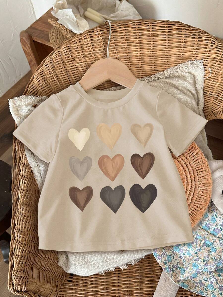 SHEIN LMoss Kids 女宝宝休闲简约短袖上衣,适合夏季 - 米色 - 查看 1