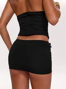 SHEIN BAE Váy ngắn trang trí khóa kim loại cho nữ, thời trang đường phố thích hợp cho lễ hội âm nhạc, tiệc tùng, trang phục thường ngày, phong cách con gái, xuân/hè - màu đen - Xem 2