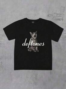 Flirla Plus Size Cat Print Women Short Crew Neck T-Shirt, Y2K Rock Music Gifts For Rock And Metal Graphic Tee - Black - View 6