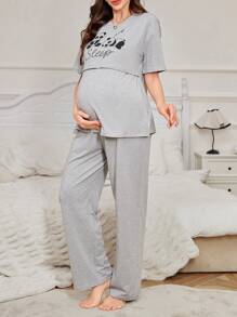 Conjunto de pijama de maternidad con estampado de panda, de manga corta y pantalones cortos