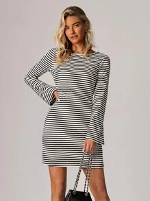 Forever 21 Women Striped Round Neck Bell Sleeve Casual Straight Dress - Multicolor - View 4