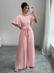 Elenzga 女士优雅时尚短袖圆领收腰蝴蝶结褶边阔腿连体裤 - 粉色 - 查看 3