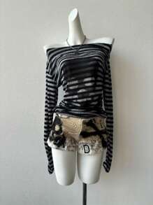 INAWLY Áo thun dài tay in hình đầu lâu sọc phong cách Y2K dành cho nữ - Xám - Xem 1