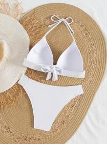 女士沙滩装夏季海滩度假装两件套：白色褶皱吊带上衣和比基尼泳裤，简约百搭泳装 - 白色 - 查看 8