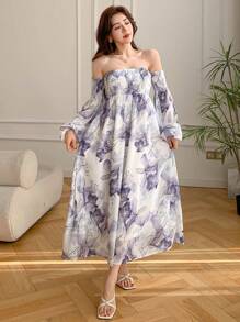 DAZY Vestido midi con estampado floral y escote hombros descubiertos para mujeres