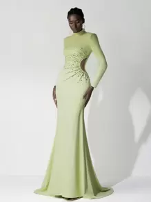 Elitara 极简主义绿色水钻和人造珍珠褶皱美人鱼长裙，婚礼宾客礼服，适合晚会、正式晚宴和庆典，派对礼服，礼服 - 綠色 - 查看 4