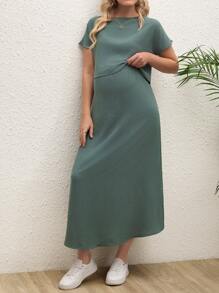 SHEIN 2 件套纯色短袖上衣和高腰长裙休闲孕妇时尚套装 - 灰色 - 查看 6