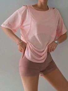DAZY 2 件套女士休闲二合一宽松上衣和修身短裤睡衣套装 - 粉色 - 查看 4