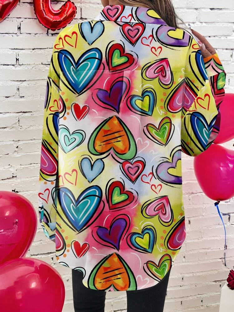 Casual Loose Heart & Abstract Print Open Cardigan Blouse Long Sleeve Shirt For Women, Summer Wear Valentine's Day Going Out Tops
