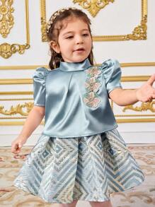 SHEIN 2 件套女婴套装：可爱领口贴花衬衫和提花裙 - 藍色 - 查看 5