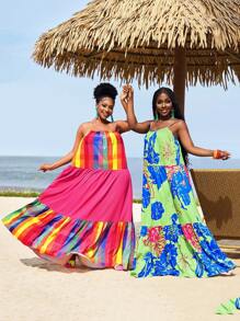 Slaydiva Plus Size 2025 New Vacation Casual Sleeveless Loose Solid/Rainbow Print Patchwork A-Line Dress For Summer