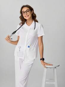 TaskEZ Pijama médico de estilo bordado de mariposa con múltiples bolsillos - Blanco - Ver 4
