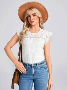 SHEIN LUNE Camisa romántica de vacaciones con mangas de volantes bordadas en blanco para mujer, primavera/verano
