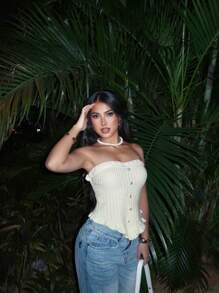 Elenzga Women's Solid Color Bandeau Knitted Casual Vacation Top - Apricot - View 4