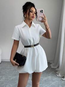 Elenzga Women Solid Color Short Sleeve Casual Shirt Dress, Mini Length - White - View 1