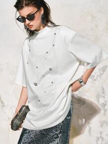 Arave 女式白色超大艺术印花垫肩3D花朵亮片上衣，女式宽松上衣，女士度假装，女士夏装，女士夏装，短款上衣，外出上衣 - 白色 - 查看 8