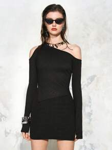 SHEIN LUNE Women's 2 Pieces Set Ribbed Knit Sexy Off Shoulder Uneven Hem Long Sleeve Top And Mini Sexy Skirt For Spring & Summer - Black - View 1