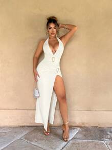 Sirith Vestido largo con cuello en V profundo, fruncido en la cintura, decoración de botones metálicos, abertura alta, sin mangas y textura, sexy - Albaricoque - Ver 4