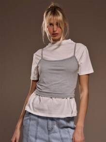MUSERA Oversized T-Shirt & Scoop Neck Thin Strap Cami Layered 90's Top Spring Cute Valentine - Apricot - View 1