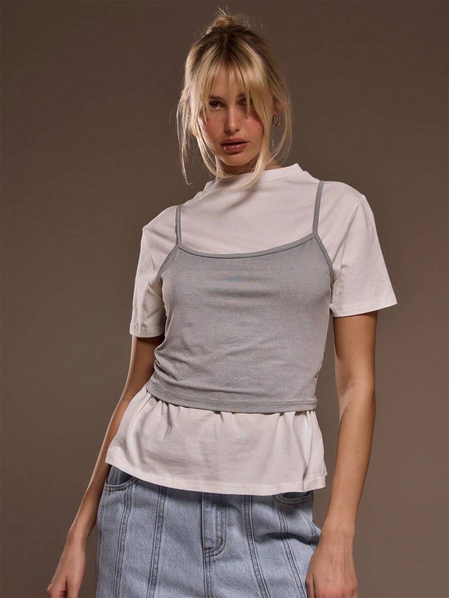 MUSERA Oversized T-Shirt & Scoop Neck Thin Strap Cami Layered 90's Top Spring Cute Valentine - Apricot - View 1