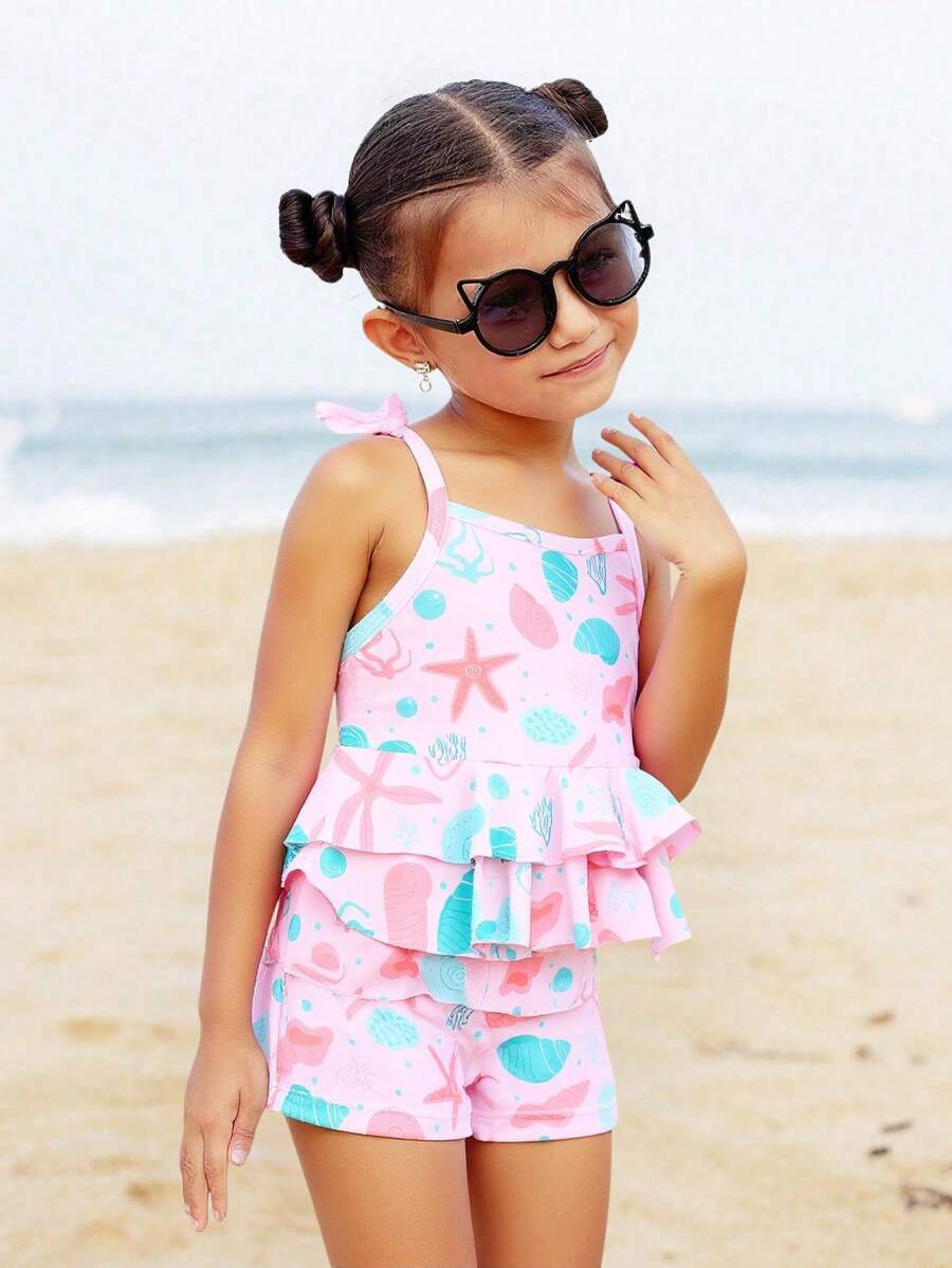 SHEIN Young Girl Starfish Print Casual Strap Tankini 2 Pieces Swimwear Summer Holiday - Multicolor - View 1