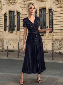 SHEIN Clasi Elegant Women's Black Hot Stamping Pleated Jumpsuit, With A Folded Waistband And Drawstring At The Front, Suitable For Various Occasions - Black - View 6