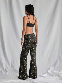 Lunelith SHEIN Lunessa Boho Style Women's Low Waisted Starry Moon Print Stretchy Flare Pants, Comfortable For Summer Rave Outfits Festival Fall Cloth For Women