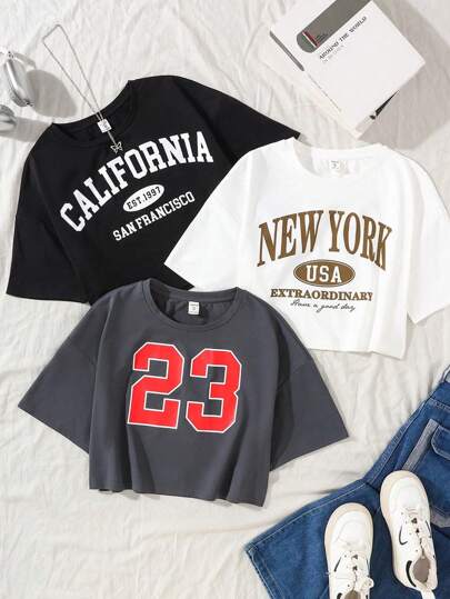 SHEIN Juego de 3 piezas: Camisetas holgadas y sueltas con estampado de letras casuales y versátiles para uso diario para niñas preadolescentes, lleva 1 y llévate 2