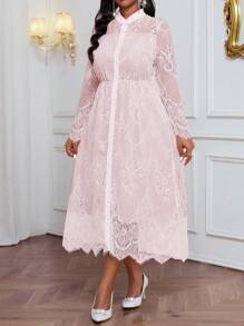 SHEIN Lady 秋冬季优雅工作办公室黑色针织蕾丝立领喇叭形撞色蕾丝长袖加大码连衣裙 - 粉色 - 查看 4