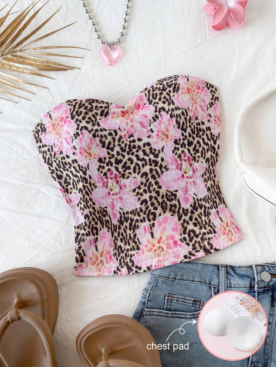 Soleia Parte superior ajustada y linda con decoración de estampado de leopardo y flores, apropiada para vacaciones, té de la tarde, fiestas, citas, Día de San Valentín y todo el año - Multicolor - Ver 1