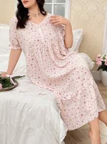 Plus Size Ditsy Floral V-Neck Plus Size Sleepshirt