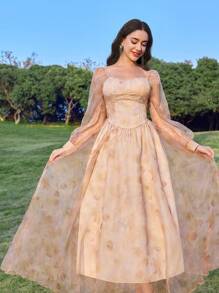 Modelyn Women's Tie Dye Print Sweetheart Collar Mesh Long Sleeve Elegant Mid-Length Dress Fall Cloth For Women